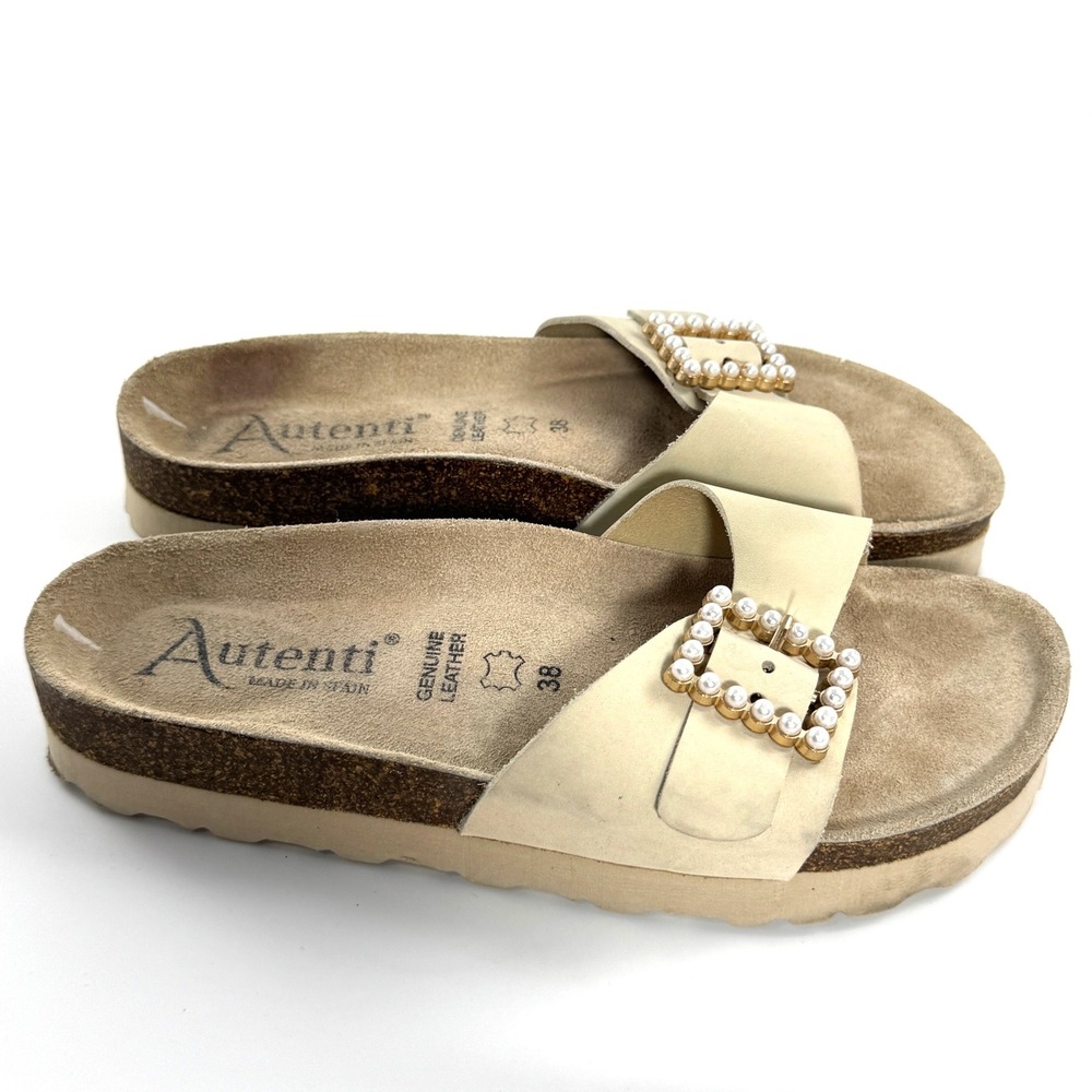 Autenti Batistella Womens Cream Leather Pearl Buckle Platform Slide Sandals 38 - Picture 4 of 10
